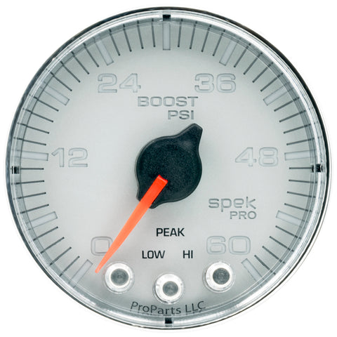 Autometer Spek-Pro Gauge Boost 2 1/16in 60psi Stepper Motor W/Peak & Warn Slvr/Chrm - P304218