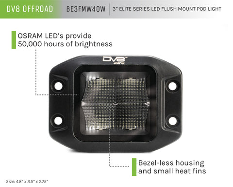 DV8 Offroad Elite Series 3in Cube LED Light 40W Spot 3W LED - BE3FMW40W