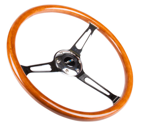 NRG Reinforced Steering Wheel (360mm) Classic Wood Grain w/Chrome Cutout 3-Spoke Center - RST-360SL