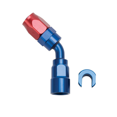 Russell Performance 3/8in SAE Quick Disc Female to -6 Hose Red/Blue 45 Degree Hose End - 611210