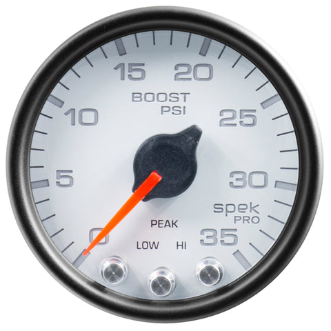 Autometer Spek-Pro Gauge Boost 2 1/16in 35psi Stepper Motor W/Peak & Warn White/Black - P30312