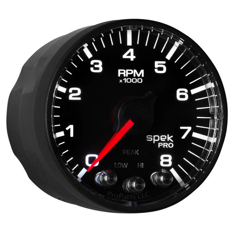 Autometer Spek-Pro Black 2 1/16 inch 8K RPM Tach w/ Shift Light and Peak Memory - P334328