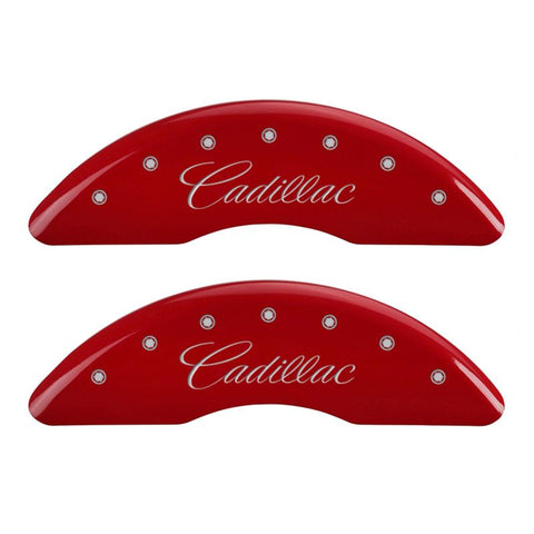 MGP 4 Caliper Covers Engraved Front & Rear Cursive/Cadillac Red finish silver ch - 35008SCADRD