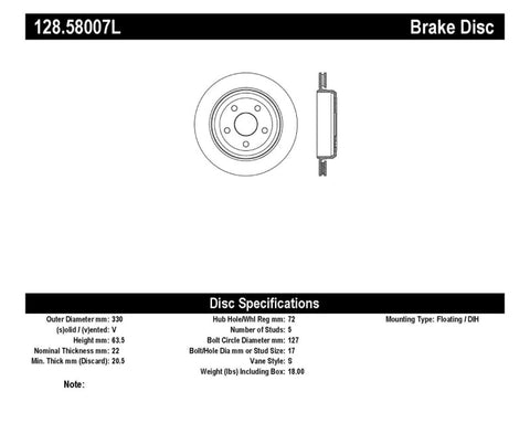 StopTech Drilled Sport Brake Rotor 11-17 Jeep Grand Cherokee (Excludes SRT8) - 128.58007L