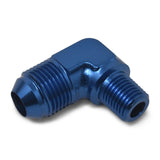 Russell Performance -4 AN to 1/8in NPT 90 Degree Flare to Pipe Adapter (Blue) - 660800