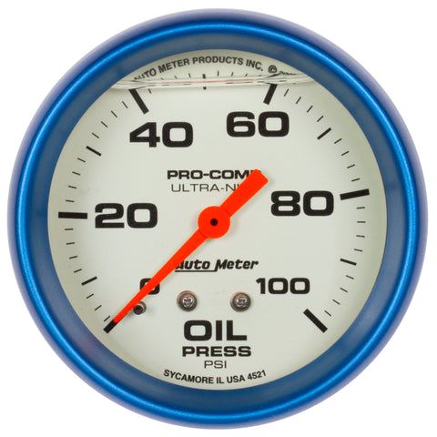 Autometer Ultra-Nite 2-5/8in 0-100 PSI Liquid Filled Mechanical Glow In Dark Oil Pressure Gauge - 4221