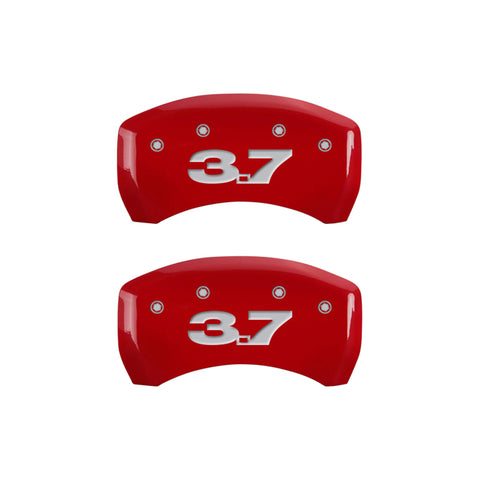 MGP 4 Caliper Covers Engraved Front Mustang Engraved Rear 37 Red finish silver ch - 10198SM37RD