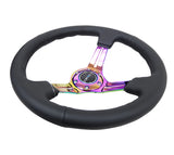 NRG Reinforced Steering Wheel (350mm / 3in. Deep) Blk Leather/Blk Stitch w/Neochrome Slits - RST-018R-MCBS