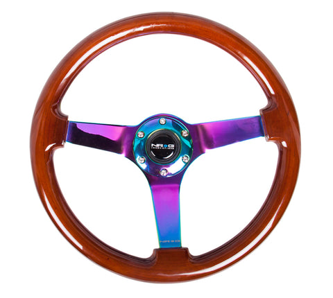 NRG Reinforced Steering Wheel (350mm / 3in. Deep) Classic Dark Wood w/4mm Neochrome Solid 3-Spoke - RST-036BR-MC