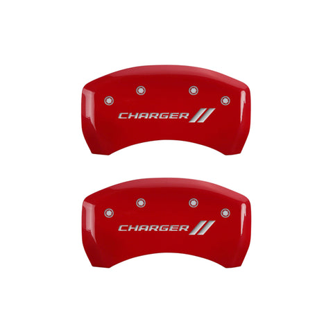 MGP 4 Caliper Covers Engraved Front & Rear With stripes/Charger Red finish silver ch - 12162SCH1RD