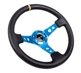 NRG Reinforced Steering Wheel (350mm / 3in. Deep) Blk Leather w/Blue Circle Cutout Spokes - RST-006BL