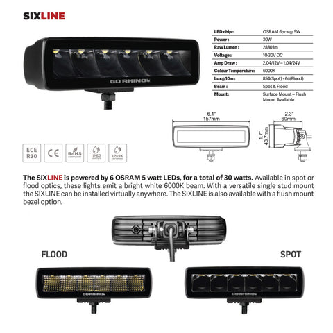 Go Rhino Xplor Blackout Series Sixline LED Flood Light Kit (Surface/Threaded Stud Mnt) - Blk (Pair) - 750300621FBS