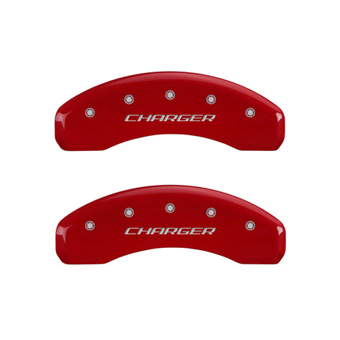 MGP 4 Caliper Covers Engraved Front & Rear Block/Charger Red finish silver ch - 12088SCHBRD