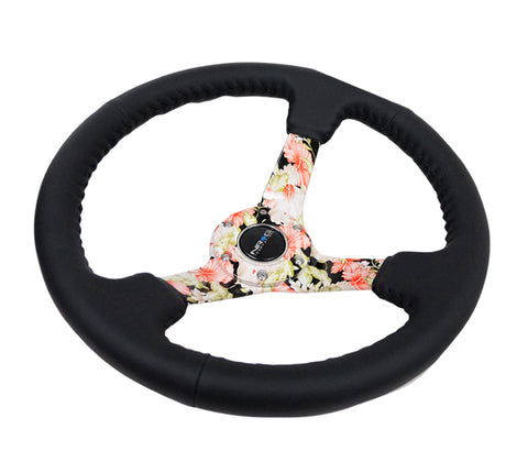 NRG Reinforced Steering Wheel (350mm / 3in. Deep) Blk Leather Floral Dipped w/ Blk Baseball Stitch - RST-036FL-R