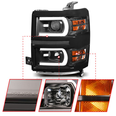 ANZO 14-15 Chevrolet Silverado 1500 Projector Headlights w/ Plank Style Switchback Black w/ Amber - 111412