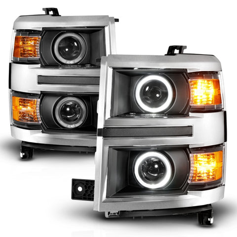 ANZO 14-15 Chevrolet Silverado 1500 Projector Headlights w/ Halo Black Housing w/ Chrome Trim - 111585