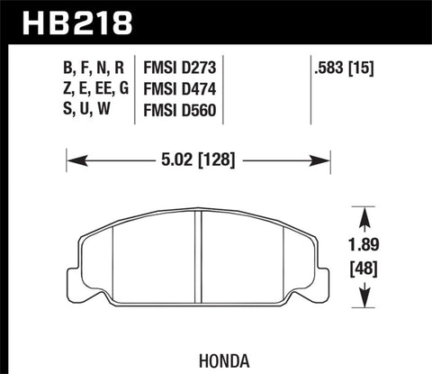 Hawk 88-89 Civic Si / 92-00 Civic CX / 88-00 DX / 98-00 GX HPS Street  Front Brake Pads - HB218F.583