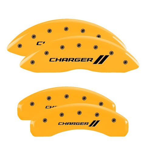 MGP 4 Caliper Covers Engraved Front & Rear With stripes/Charger Yellow finish black ch - 12088SCH1YL