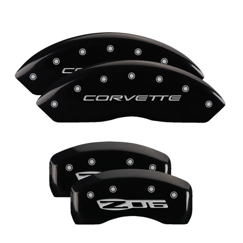 MGP 4 Caliper Covers Engraved Front C5/Corvette Engraved Rear C5/Z06 Black finish silver ch - 13007SCZ5BK