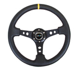 NRG Reinforced Steering Wheel (350mm / 3in. Deep) Blk Leather w/Blk Cutout Spoke/Yellow Center Mark - RST-006BK-Y