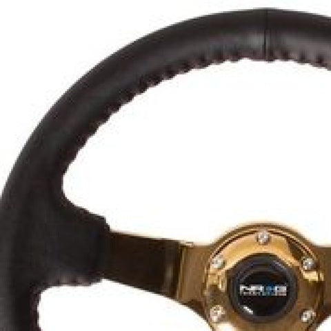 NRG Reinforced Steering Wheel (3in Deep / 4mm) 350mm Blk Leather w/Red BBall Stitch & Gold Spoke - RST-036CG