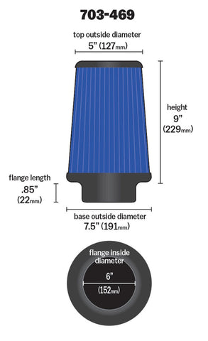 Airaid Universal Air Filter - Cone 6 x 7 1/4 x 5 x 9 - Blue SynthaMax - 703-469