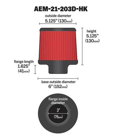 AEM DryFlow Air Filter Kit 3in. x 5in. - 7/16in. Hole (SPECIAL ORDER) - 21-203D-HK