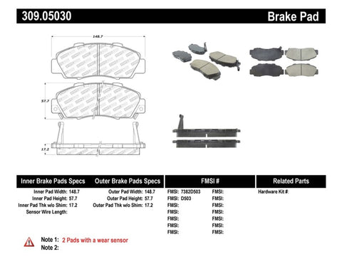 StopTech Performance 97-99 Acura CL/ 97-01 Integra Type R/91-95 Legend/91-05 NSX Front Brake Pads - 309.05030