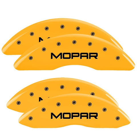 MGP 4 Caliper Covers Engraved Front & Rear Mopar Yellow Finish Black Char 2010 Dodge Ram 2500 - 12124SMOPYL