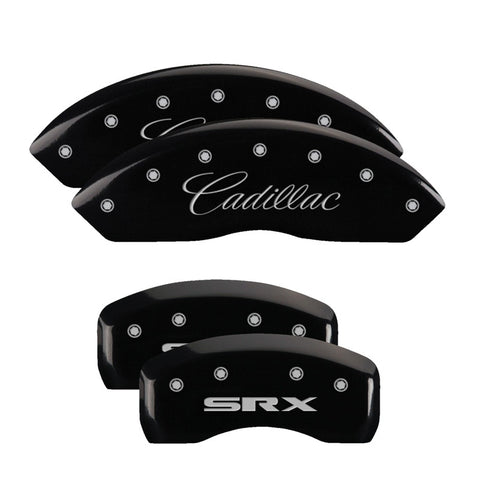 MGP 4 Caliper Covers Engraved Front Cursive/Cadillac Engraved Rear SRX Black finish silver ch - 35002SSRXBK