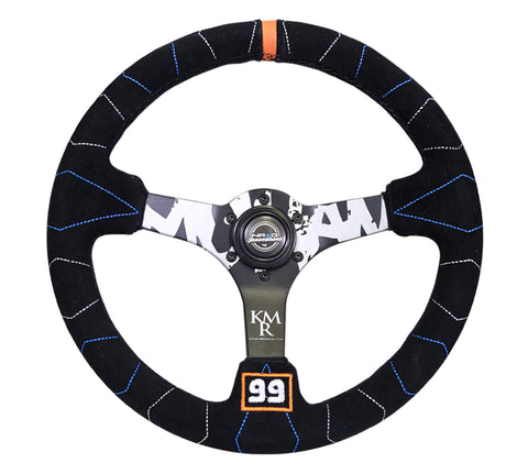 NRG Reinforced Steering Wheel (350mm / 3in. Deep) Blk Suede w/Color Stitch (Kyle Mohan Edition) - RST-036MB-S-KMR