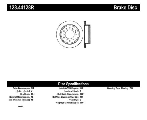 StopTech Power Slot 03-09 Toyota 4 Runner / 03-09 Lexus GX470 Drilled Right Rear Rotor - 128.44128R