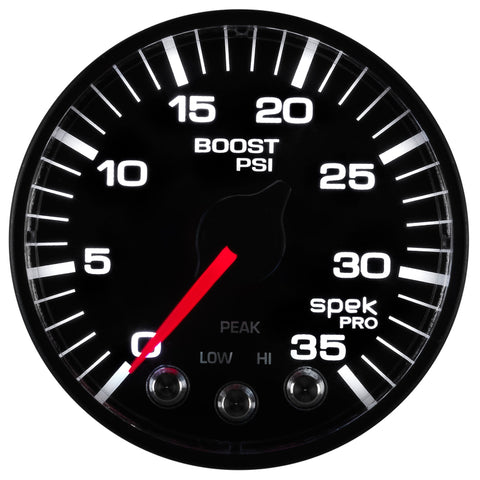 Autometer Spek-Pro Gauge Boost 2 1/16in 35psi Stepper Motor W/Peak & Warn Black/Black - P303328