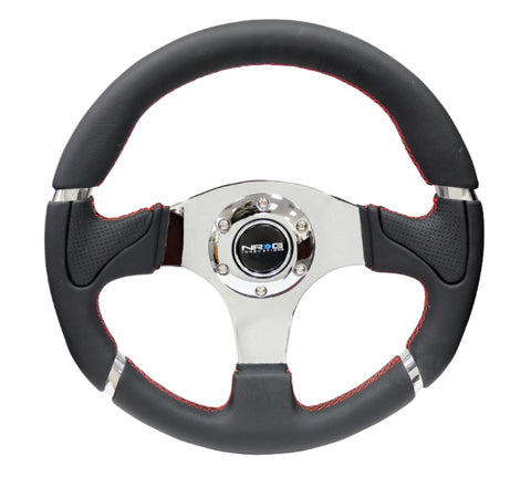 NRG Reinforced Steering Wheel (320mm) Blk Leather/Red Stitching w/Chrome 3-Spoke Center - RST-008R