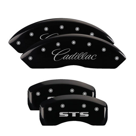 MGP 4 Caliper Covers Engraved Front Cursive/Cadillac Engraved Rear STS Black finish silver ch - 35010SSTSBK