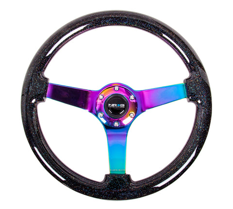 NRG Reinforced Steering Wheel (350mm / 3in. Deep) Classic Blk Sparkle w/4mm Neochrome 3-Spoke Center - RST-036BSB-MC