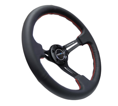 NRG Reinforced Steering Wheel (350mm / 3in. Deep) Black Leather/Red Stitch & Blk 3-Spoke w/Slits - RST-018R-RS