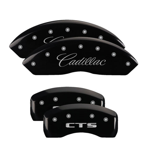 MGP 4 Caliper Covers Engraved Front Cursive/Cadillac Engraved Rear CTS Black finish silver ch - 35010SCTSBK