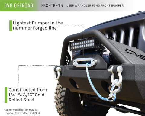 DV8 Offroad 07-18 Jeep Wrangler JK/JL FS-15 Steel Stubby Front Bumper w/ Fog Lights - FBSHTB-15