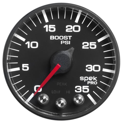 Autometer Spek-Pro Gauge Boost 2 1/16in 35psi Stepper Motor W/Peak & Warn Black/Black - P303328