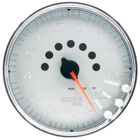 Autometer Spek-Pro Gauge Tachometer 5in 11K Rpm W/Shift Light & Peak Mem Silver/Chrome - P23921