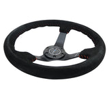 NRG Reinforced Steering Wheel (350mm / 3in. Deep) Blk Suede/Red BBall Stitch w/5mm Matte Blk Spokes - RST-036MB-S-RD