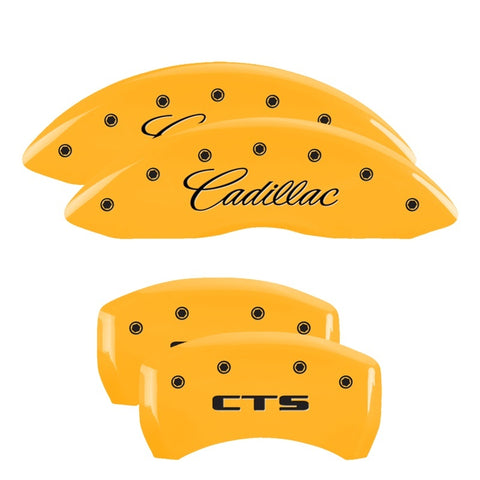 MGP 4 Caliper Covers Engraved Front Cursive/Cadillac Engraved Rear CTS Yellow finish black ch - 35020SCTSYL