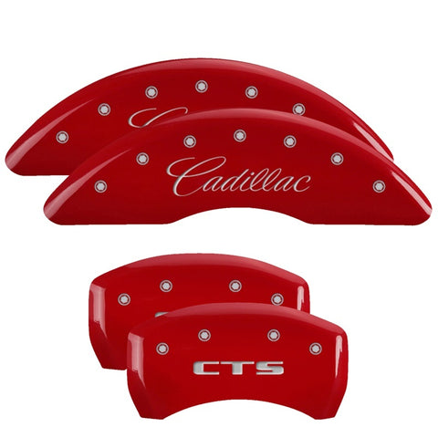 MGP 4 Caliper Covers Engraved Front Cursive/Cadillac Engraved Rear CTS Red finish silver ch - 35024SCTSRD