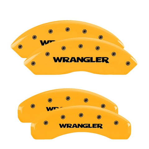 MGP 4 Caliper Covers Engraved Front & Rear Wrangler Yellow Finish Black Char 2018 Jeep Wrangler - 42019SWRGYL