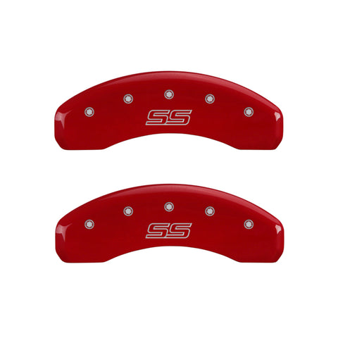 MGP 4 Caliper Covers Engraved Front & Rear Trailblazer style/SS Red finish silver ch - 14030STSSRD