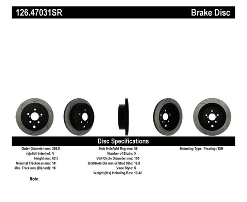 StopTech Power Slot 13 Scion FR-S / 13 Subaru BRZ Rear Right Slotted Rotor - 126.47031SR