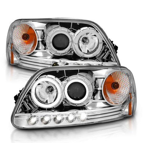 ANZO 1997.5-2003 Ford F-150 Projector Headlights w/ Halo and LED Chrome 1pc - 111032