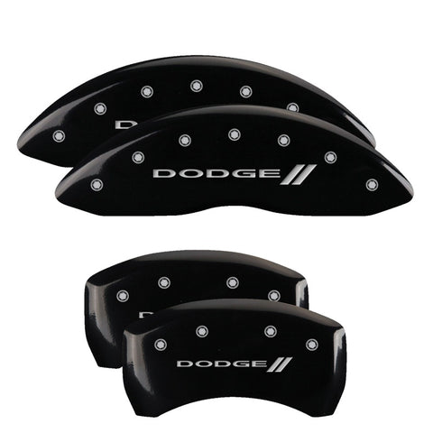 MGP 4 Caliper Covers Engraved Front & Rear With stripes/Dodge Black finish silver ch - 12001SDD3BK