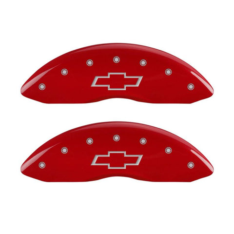 MGP 4 Caliper Covers Engraved Front & Rear Bowtie Red Finish Silver Char 2016 Chevrolet SS - 14245SBOWRD